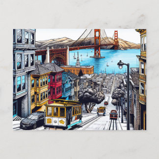 San Francisco, California Comic Book Style Art Postcard