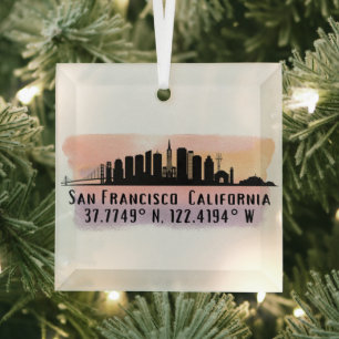 San Francisco City Skyline Latitude and Longitude  Glass Ornament