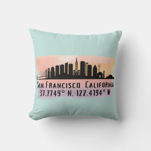 San Francisco City Skyline Latitude and Longitude  Throw Pillow