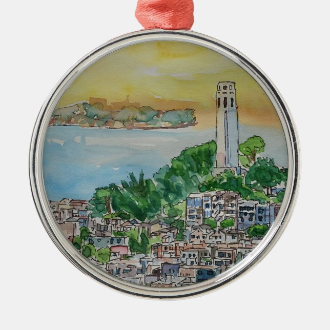 San Francisco Dusk Sunset Over Coit Tower Metal Ornament (Front)