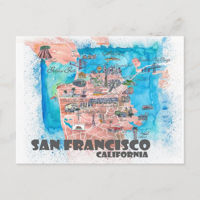 San Francisco Illustrated Travel Map  Postcard (Front)