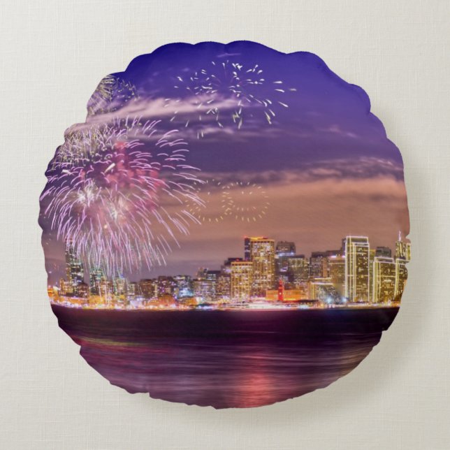 San Francisco New Year Fireworks Round Pillow (Front)