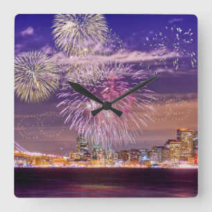San Francisco New Year Fireworks Square Wall Clock