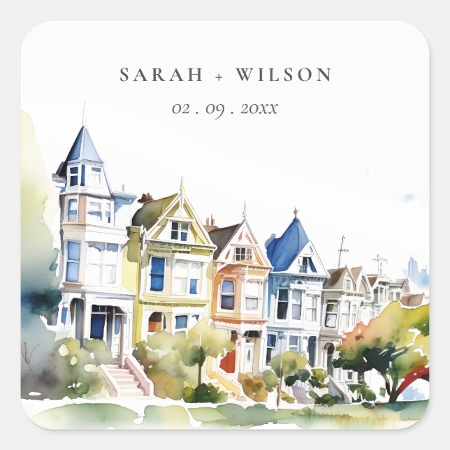 San Francisco Painted Ladies Landscape Wedding Square Sticker (Front)