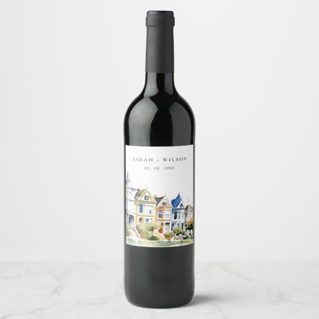 San Francisco Painted Ladies Landscape Wedding Wine Label (Front)