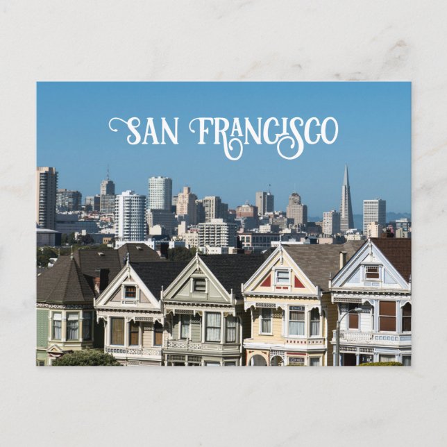 San Francisco Skyline and Painted Ladies Houses Postcard (Front)