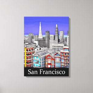 San Francisco Skyline Coloured Line Art Canvas Print