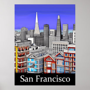 San Francisco Skyline Coloured Line Art   Poster