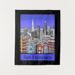 San Francisco Skyline Coloured Line Art   Tapestry