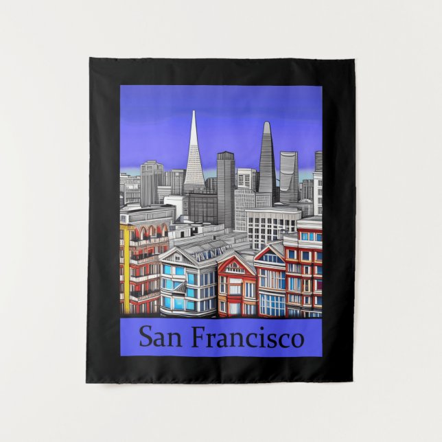 San Francisco Skyline Coloured Line Art   Tapestry (Front)