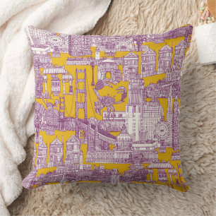 San Francisco toile purple yellow Throw Pillow
