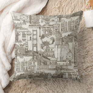 San Francisco toile tea brown strong white Throw Pillow