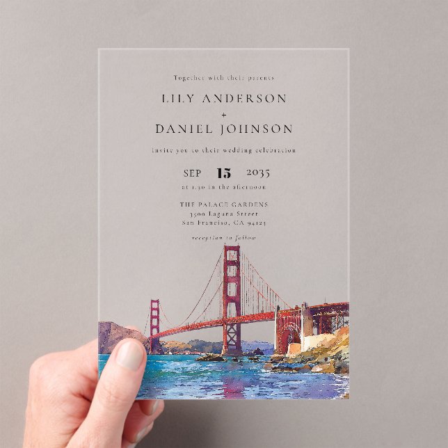 San Francisco Watercolor Destination Wedding Acrylic Invitations (Insitu (Handheld))
