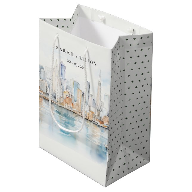 San Francisco Watercolor Landscape Wedding Medium Gift Bag (Front Angled)