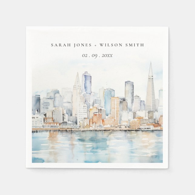 San Francisco Watercolor Landscape Wedding Napkin (Front)