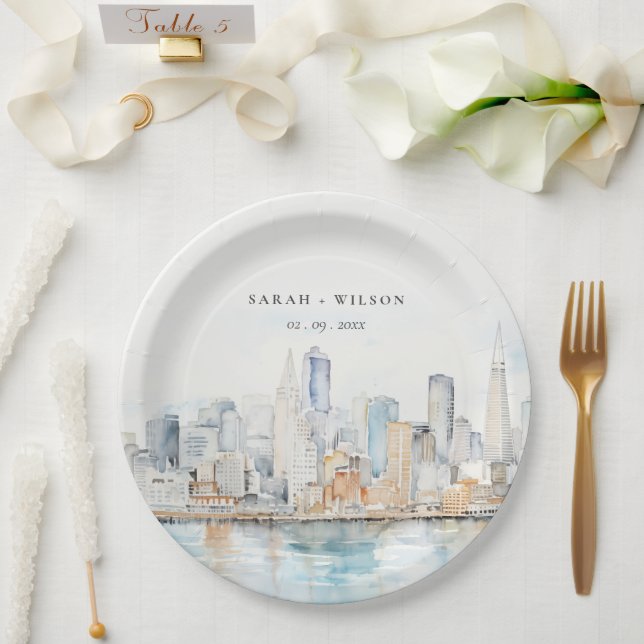 San Francisco Watercolor Landscape Wedding Paper Plate (Wedding)