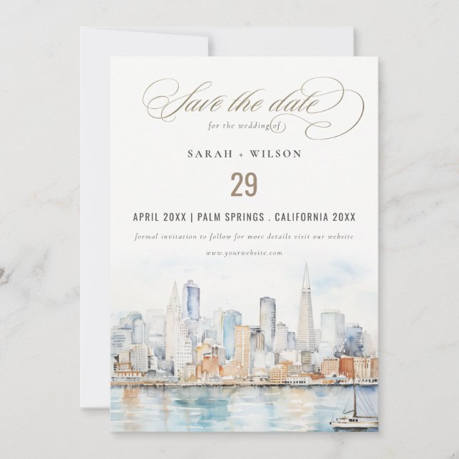 San Francisco Watercolor Landscape Wedding Save The Date (Front)