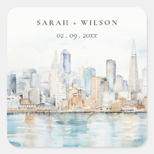 San Francisco Watercolor Landscape Wedding Square Sticker