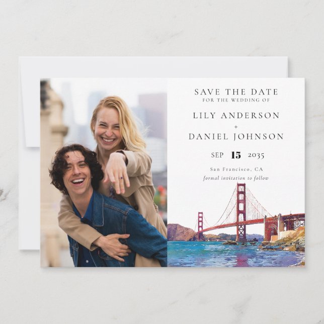 San Francisco Watercolor Photo Wedding Save The Date (Front)