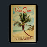 San Juan Palm Tree Vintage Travel Magnet<br><div class="desc">A uniquely retro mid-century modern San Juan Puerto Rico art print in vintage travel poster style. It features a curved palm tree on sandy beach with ocean under a blue cloudy sky.</div>