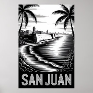 San Juan Puerto Rico Black White Woodcut Poster