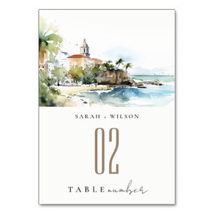San Juan Puerto Rico Watercolor Landscape Wedding Table Number