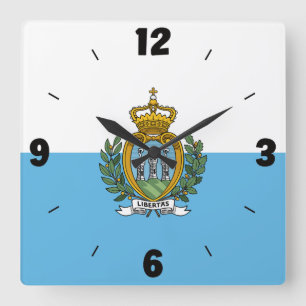 San Marino Flag Numbers Blue White Coat Of Arms Square Wall Clock