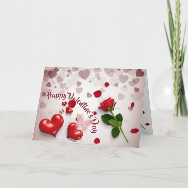  San Valentín con rosa y corazones Card (Front)