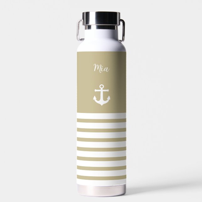 Sand and White Stripes Nautical Personalized   Water Bottle (Front)