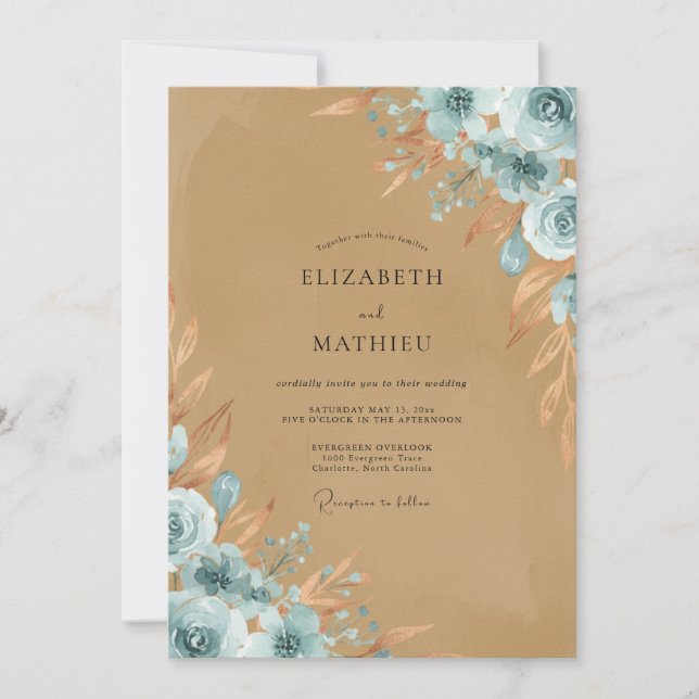 Sand Azure Blossom Wedding Invitation (Front)