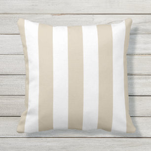 Sand Beige and White Awning Stripes Outdoor Pillow