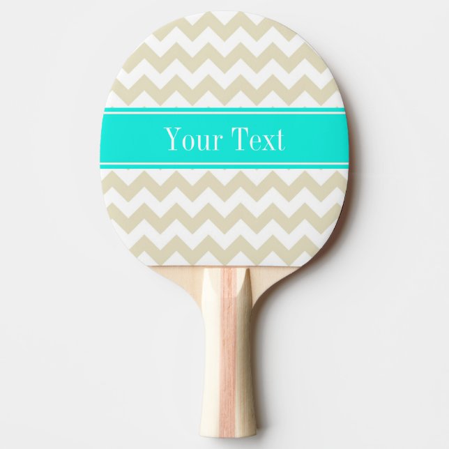Sand Beige White Chevron Bright Aqua Name Monogram Ping Pong Paddle (Front)