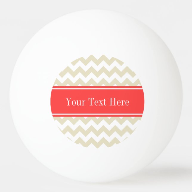 Sand Beige White Chevron Coral Red Name Monogram Ping Pong Ball (Front)