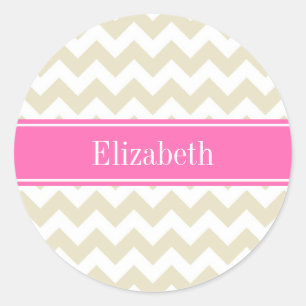 Sand Beige White Chevron Hot Pink #2 Name Monogram Classic Round Sticker