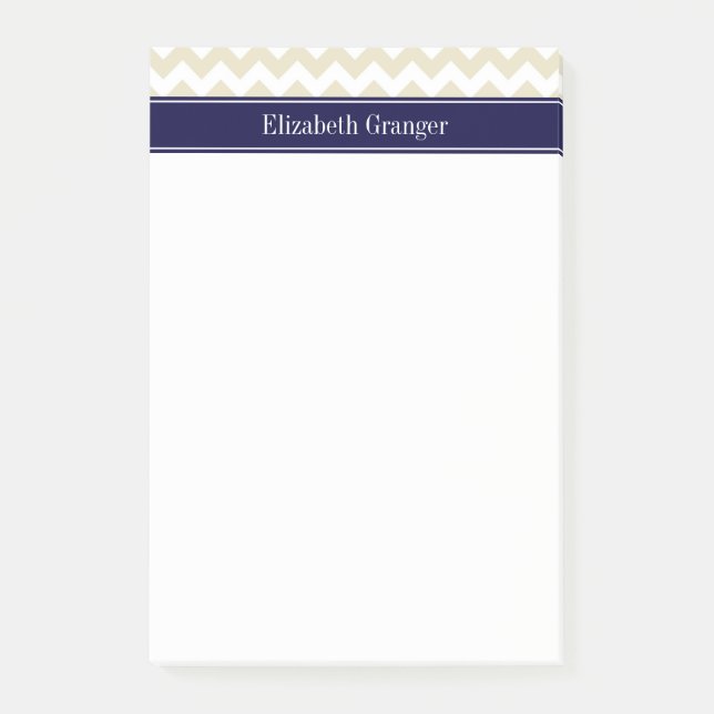 Sand Beige White Chevron Navy Blue Name Monogram Post-it Notes (Front)