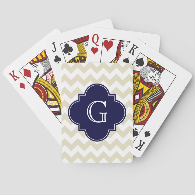Sand Beige White Chevron Navy Quatrefoil Monogram Playing Cards (Back)
