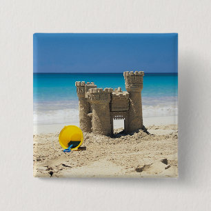 Sand Castle And Pail On Tropical Beach 2 Inch Square Button
