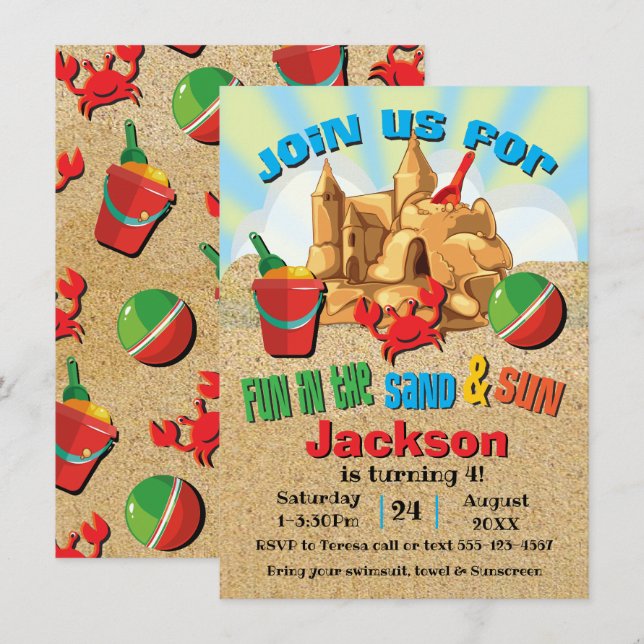 Sand Castle Beach Anniversaire Fête Invitations (Devant / Derrière)