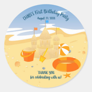 Sand castle beach fun baby boy birthday party classic round sticker