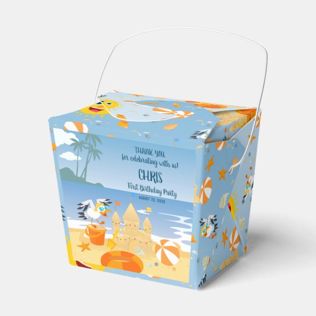 Sand castle beach fun baby boy birthday party favor box (Front Side)