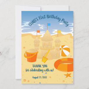 Sand castle beach fun baby boy birthday party thank you card