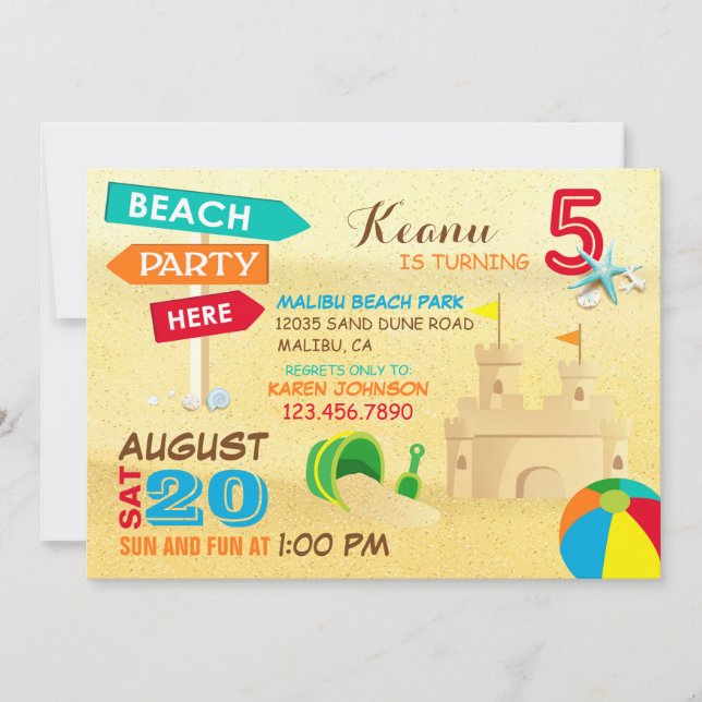 Sand Castle Beach Party Birthday Invitations (Front)