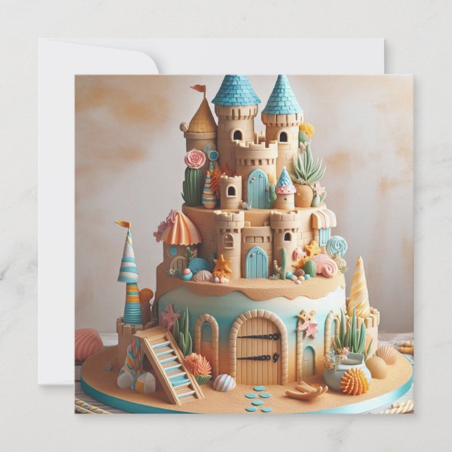 SAND CASTLE THEME CAKE KIDS BIRTHDAY  INVITATION (Front)