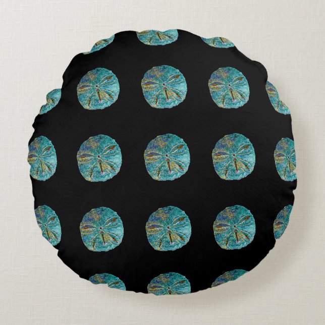 Sand Dollar Abstract Pattern Gift Favour Teal Blac Round Pillow (Front)