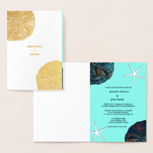 Sand Dollar Abstract Seashells Teal Beach Wedding Foil Card