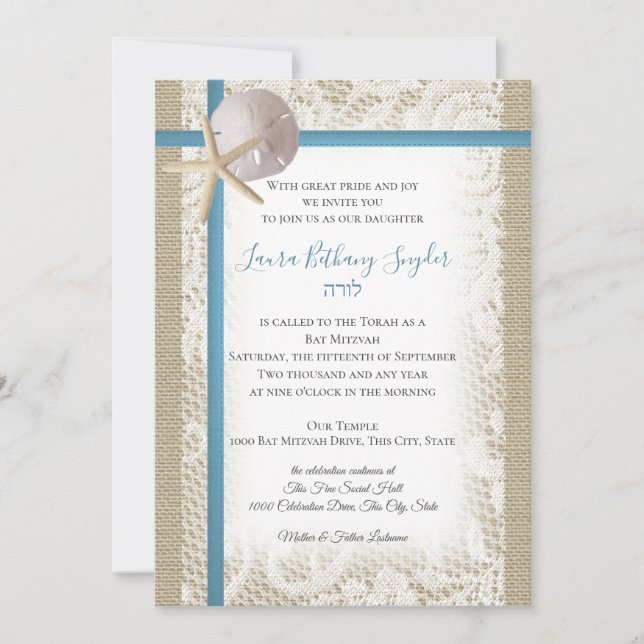 Sand Dollar and Lace Blue Bat Mitzvah Invitation (Front)