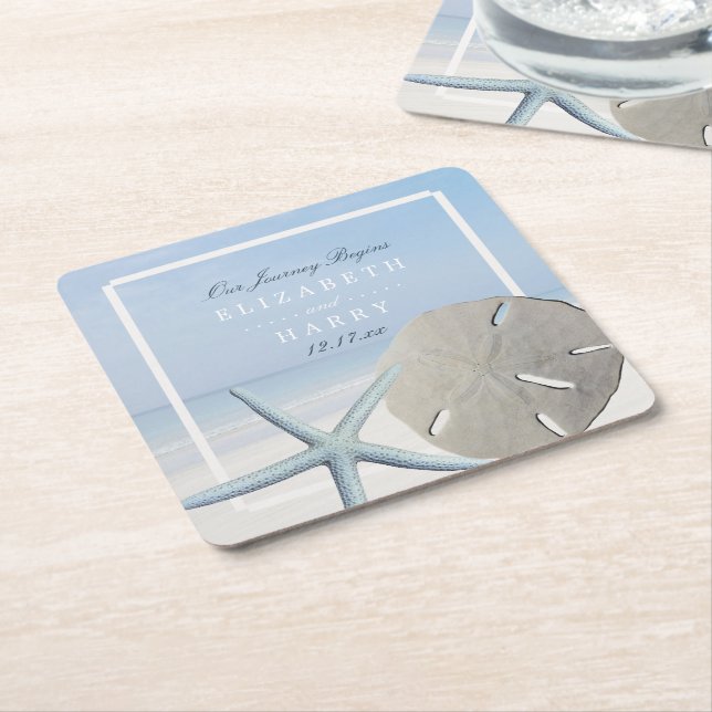 Sand Dollar and Starfish Beach Wedding Square Paper Coaster (Angled)