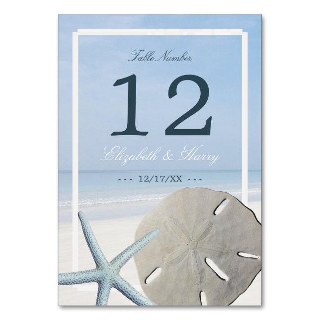 Sand Dollar and Starfish Beach Wedding Table Number (Front)