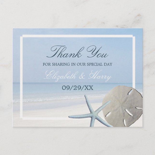 Sand Dollar and Starfish Beach Wedding Thank You Postcard (Front)