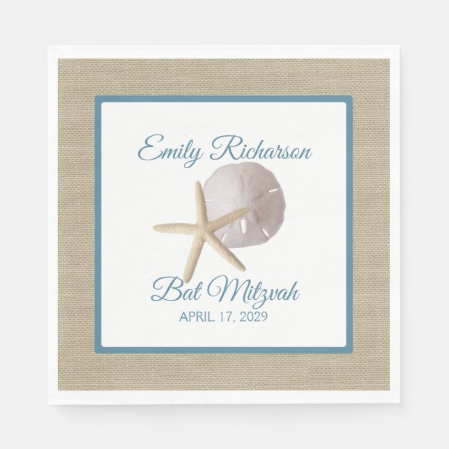 Sand Dollar and Starfish Beach with Name and Date Napkin (Front)